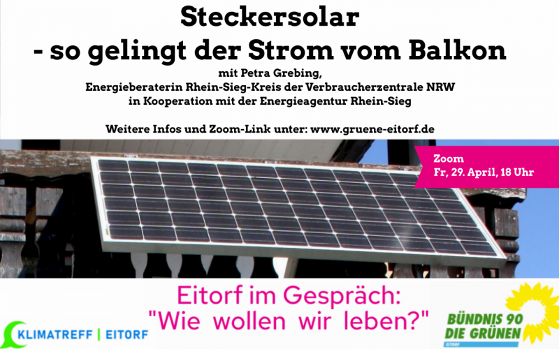 Auf dem Bild ist die Veranstatungseinladung und ein Bild eines Steckersolars auf einem Balkon zu erkennen