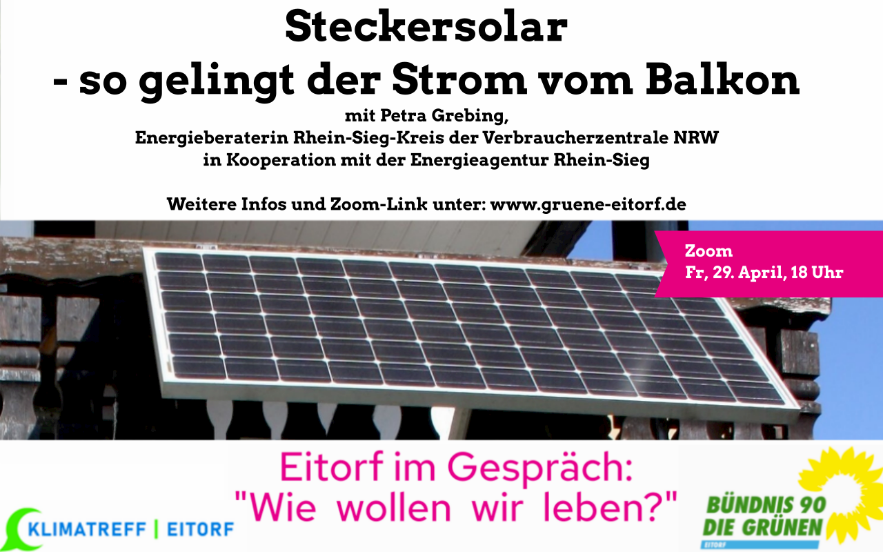 Auf dem Bild ist die Veranstatungseinladung und ein Bild eines Steckersolars auf einem Balkon zu erkennen