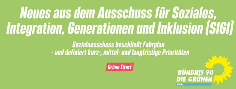 Es ist ein grünes Bild zu sehen. Darauf steht in weißer Schrift: "Neues aus dem Ausschuss für Soziales, Integration, Generationen und Inklusion (SIGI). Sozialausschuss beschließt Fahrplan - und definiert für kurz-, mittel- und langfristige Prioritäten